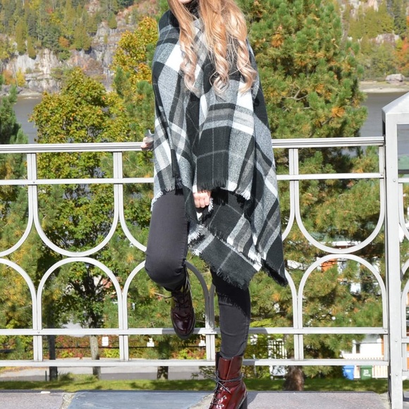 Plaid Turtleneck Cape Sweater | DYNAMITE - Picture 3 of 8